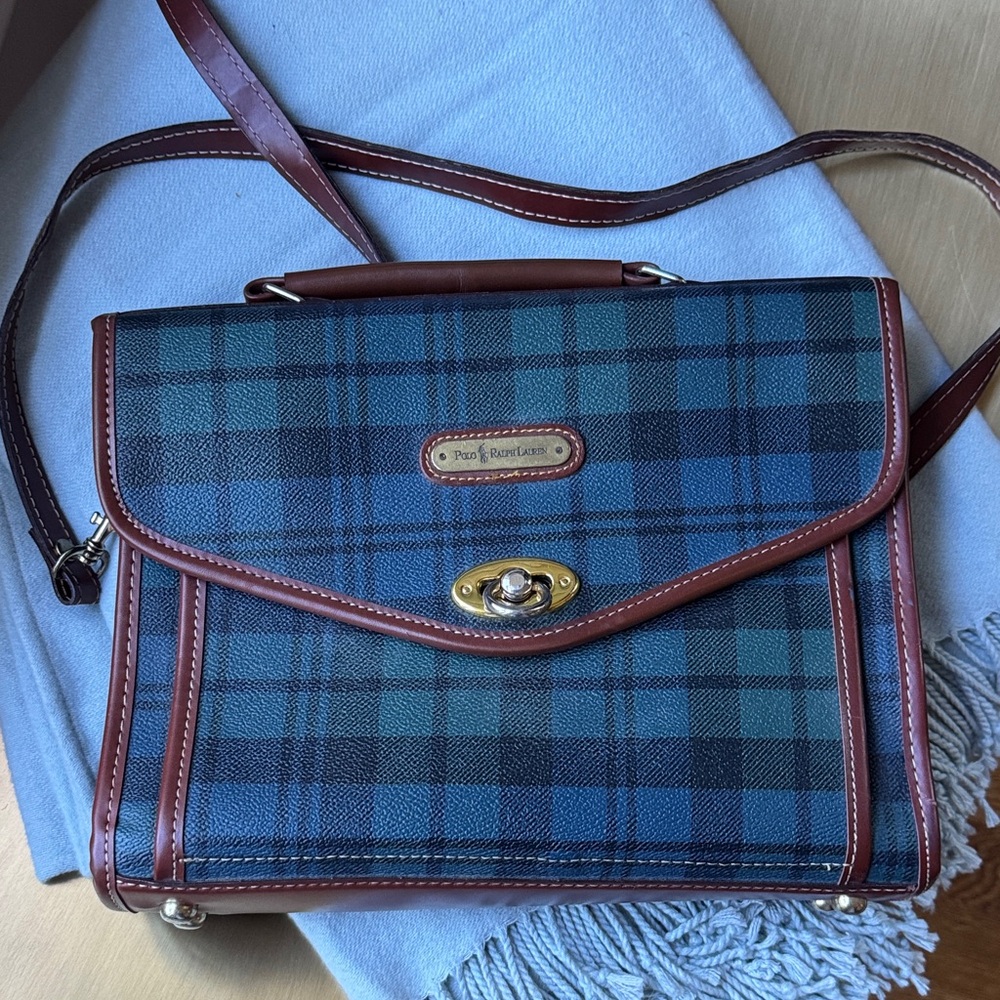 Vintage Ralph Lauren Plaid Leather Trim Shoulder Bag